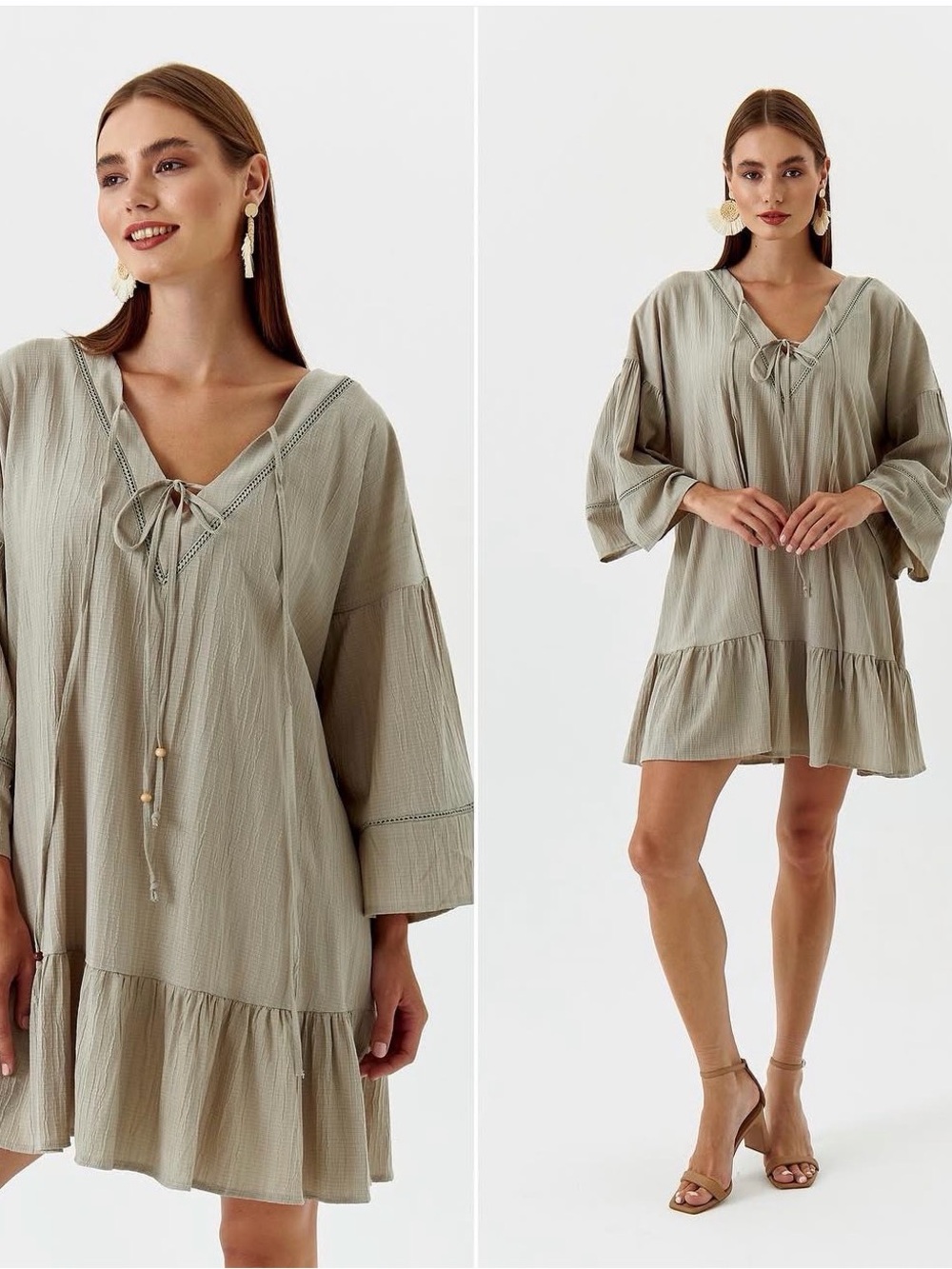 Tie-Neck Sage Green Women’s Ruffle Hem Dress
